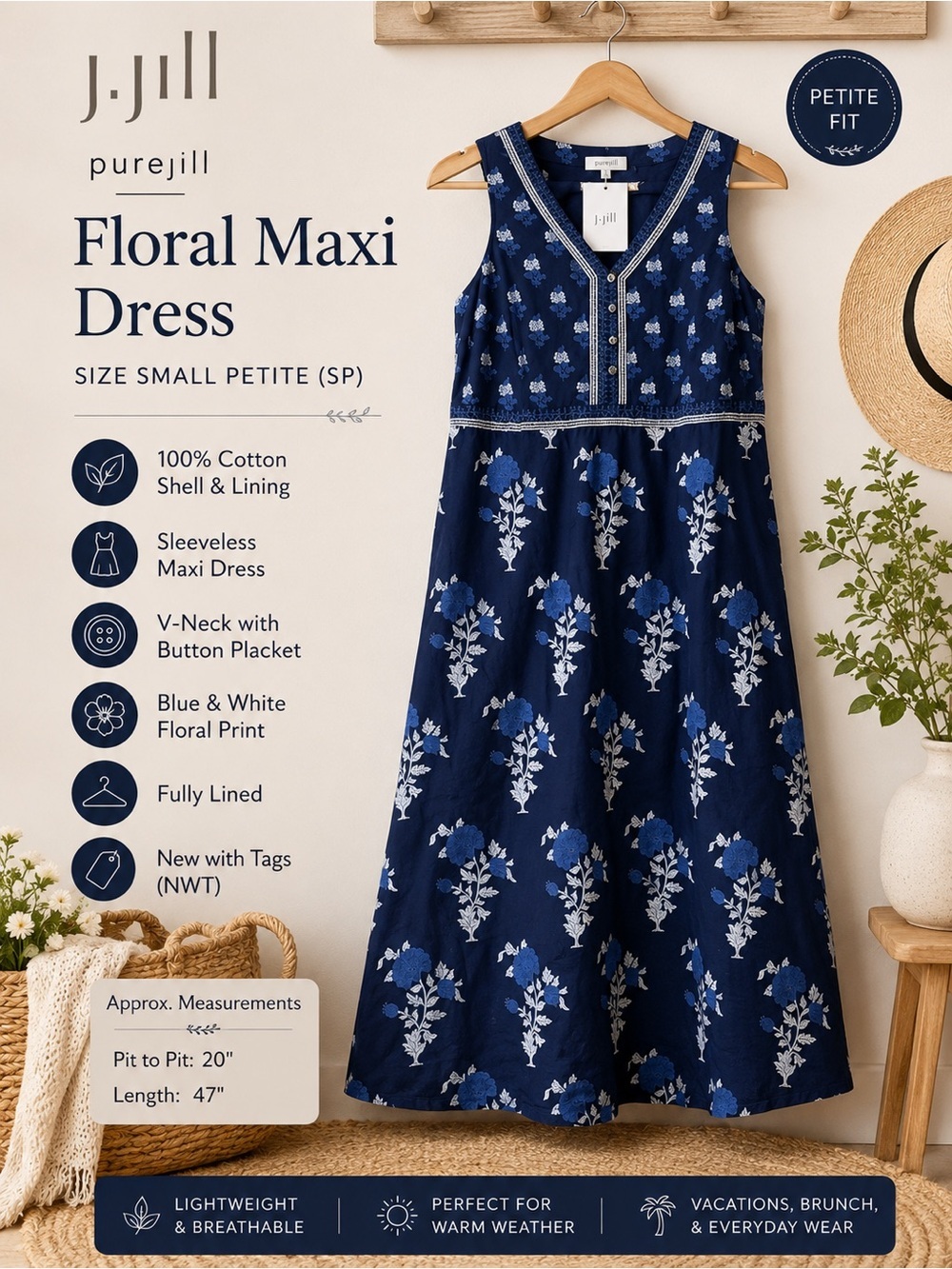 J.Jill PureJill Floral Maxi Dress Small Petite NWT 100% Cotton Blue Boho